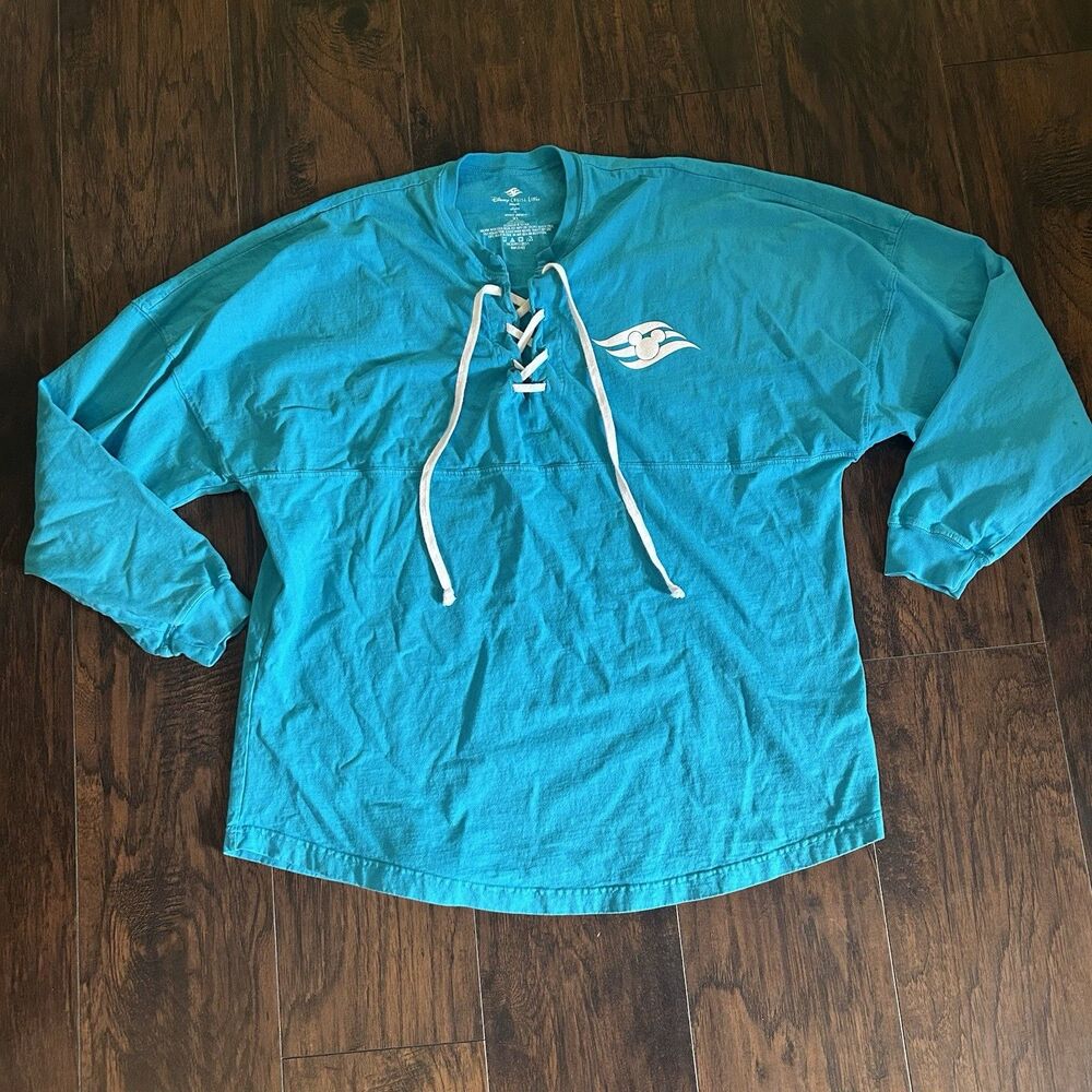 Disney Cruise Line Spirit Jersey Teal Blue Lace Up V Neck Size XL Long Sleeve
